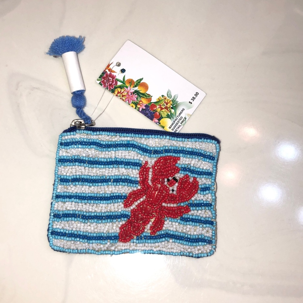 America & Beyond Hand Beaded Blue & White Striped + Red Lobster Coin Pouch NWT